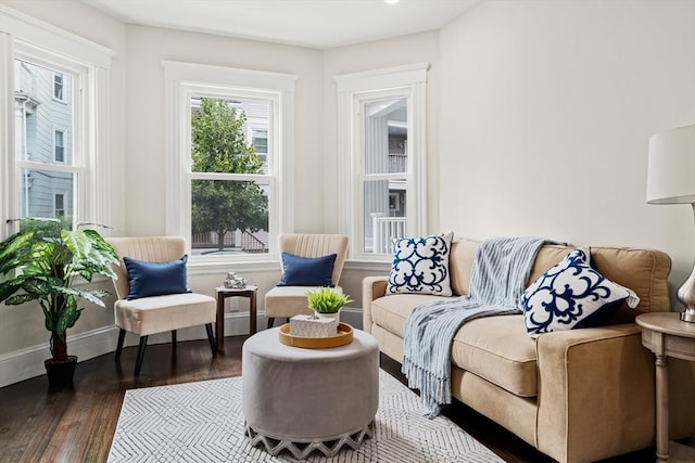 living area with baseboards and wood finished floors