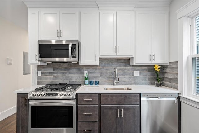 kitchen featuring stainless steel appliances, backsplash, white cabinetry, a sink, and dark brown cabinetry