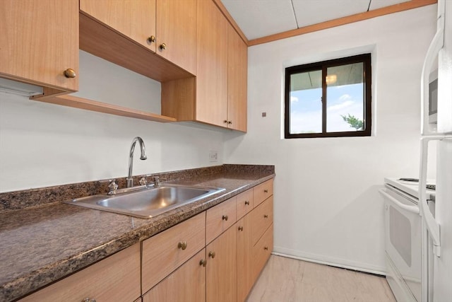 995 Massachusetts Ave Unit 301, Arlington, MA 02476 - kitchen with electric range, open shelves, light brown cabinetry, and dark countertops