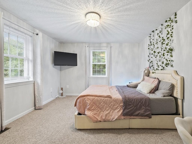 bedroom with carpet flooring, multiple windows, a textured ceiling, and baseboards