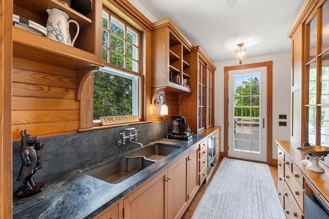 4 Cobb Ave, Manchester, MA 01944 - kitchen featuring open shelves, backsplash, dark stone countertops, wine cooler, and light wood-style flooring