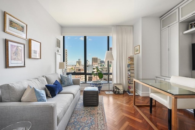 living room with parquet flooring