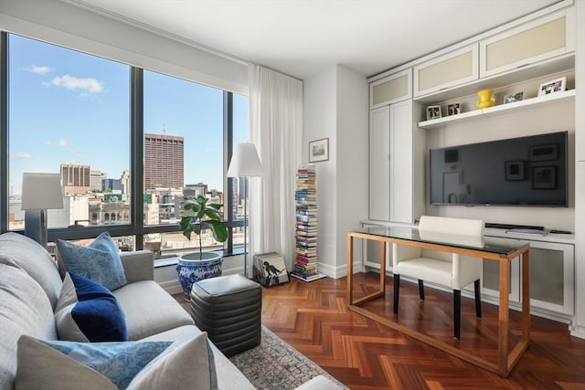 living room featuring dark parquet flooring