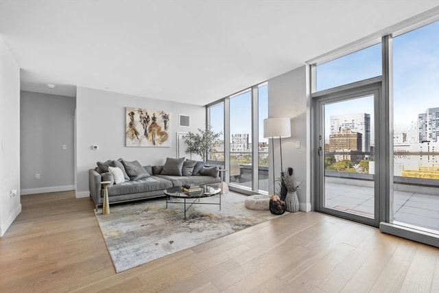 living room featuring expansive windows and light hardwood / wood-style floors