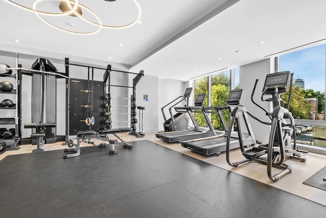 exercise room featuring expansive windows