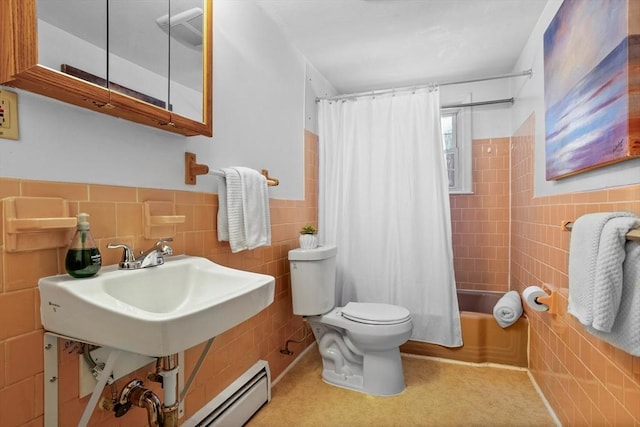 full bathroom with shower / tub combo with curtain, toilet, sink, tile walls, and baseboard heating