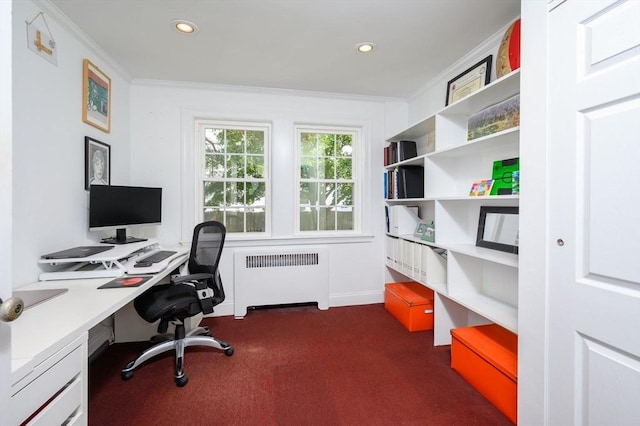 51 Rustlewood Rd, Milton, MA 02186 - home office featuring radiator heating unit, dark carpet, ornamental molding, and recessed lighting