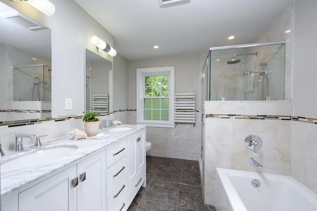 51 Rustlewood Rd, Milton, MA 02186 - full bath featuring a bath, a shower stall, a towel warmer, tile walls, and double vanity