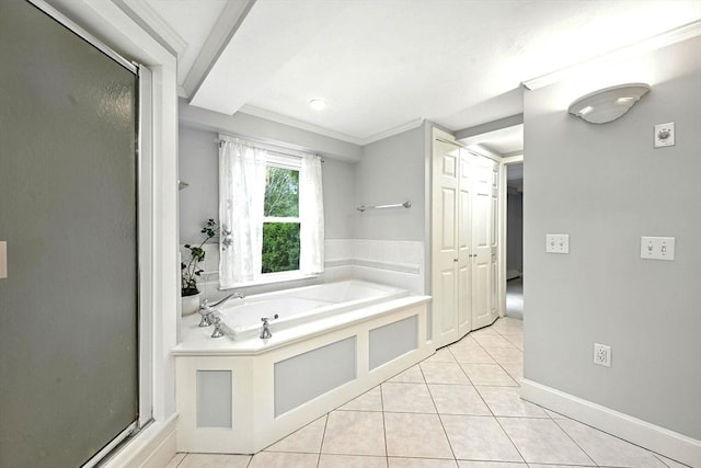 1095 Main St, Hanover, MA 02339 - full bathroom featuring a bath, tile patterned flooring, a stall shower, and ornamental molding