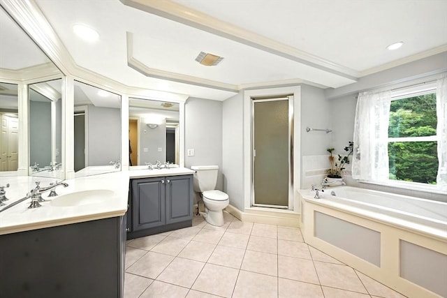 1095 Main St, Hanover, MA 02339 - bathroom with a garden tub, double vanity, tile patterned flooring, a shower stall, and crown molding
