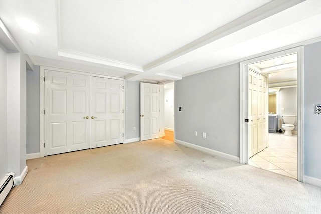 1095 Main St, Hanover, MA 02339 - unfurnished bedroom with light colored carpet, a baseboard radiator, a closet, connected bathroom, and beam ceiling