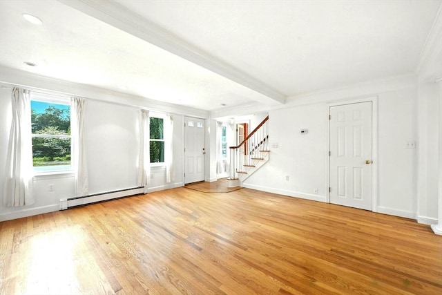 1095 Main St, Hanover, MA 02339 - unfurnished living room featuring a baseboard heating unit, light wood-style flooring, stairs, and ornamental molding