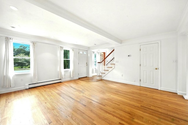 1095 Main St, Hanover, MA 02339 - spare room with a baseboard radiator, light wood-style flooring, stairs, and ornamental molding