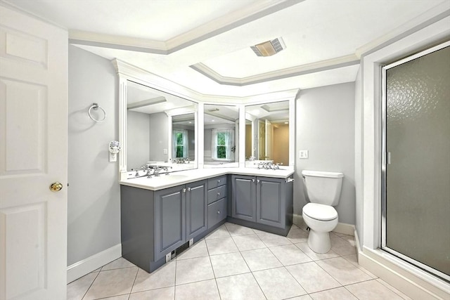1095 Main St, Hanover, MA 02339 - bathroom with double vanity, tile patterned floors, a shower stall, and crown molding