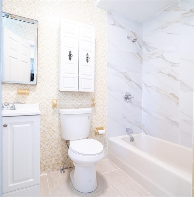 73 Sladen St, Dracut, MA 01826 - bathroom featuring vanity, shower / washtub combination, wallpapered walls, and tile patterned floors