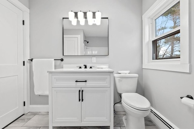 bathroom with toilet, walk in shower, a baseboard heating unit, and vanity