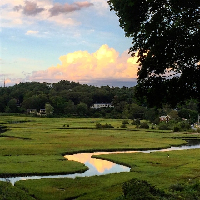 view of property's community featuring a lawn and a water view