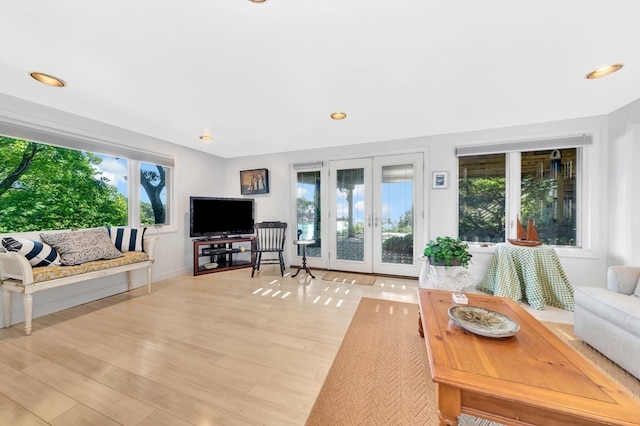 living room featuring a healthy amount of sunlight, light hardwood / wood-style floors, and french doors