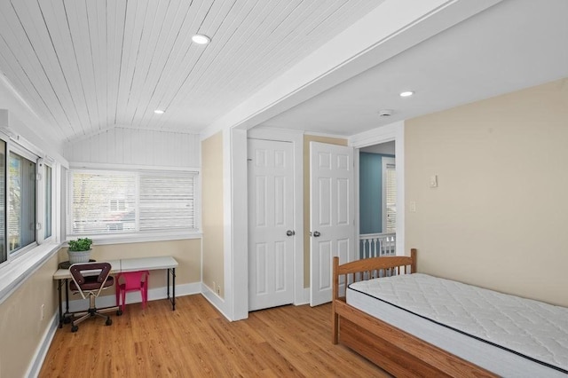 bedroom with baseboards, wood ceiling, recessed lighting, and wood finished floors