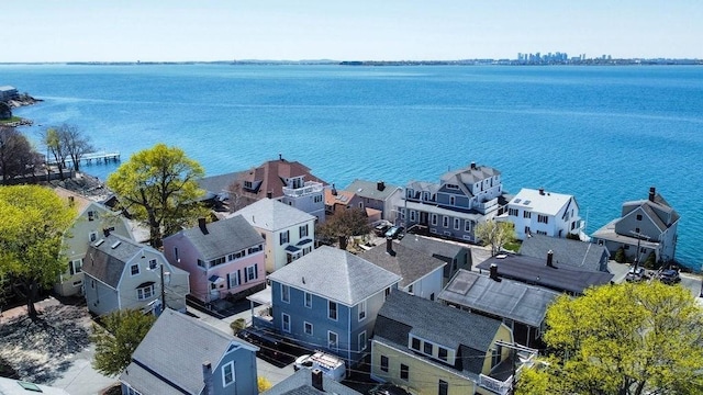 aerial view with a water view and a residential view