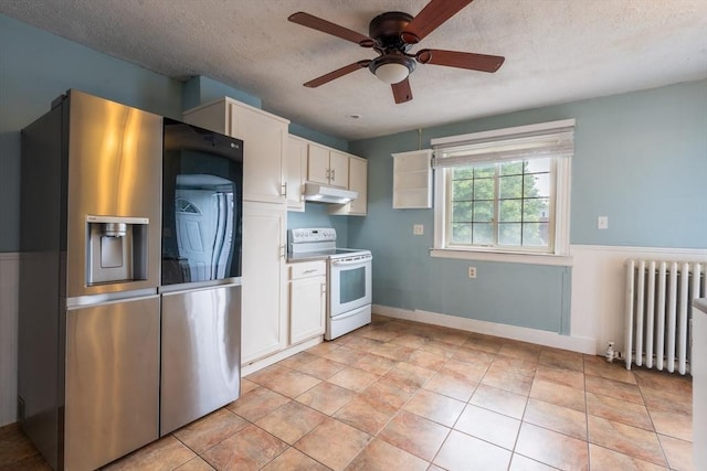 263 Jefferson Ave, Salem, MA 01970 - kitchen featuring stainless steel refrigerator with ice dispenser, white electric range oven, radiator, under cabinet range hood, and white cabinets