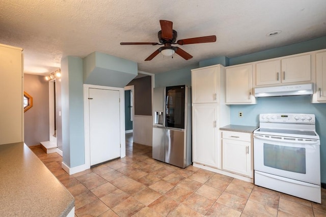 263 Jefferson Ave, Salem, MA 01970 - kitchen featuring white range with electric stovetop, under cabinet range hood, stainless steel fridge with ice dispenser, a ceiling fan, and white cabinetry