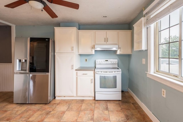263 Jefferson Ave, Salem, MA 01970 - kitchen featuring white electric range oven, stainless steel fridge with ice dispenser, under cabinet range hood, a ceiling fan, and white cabinets