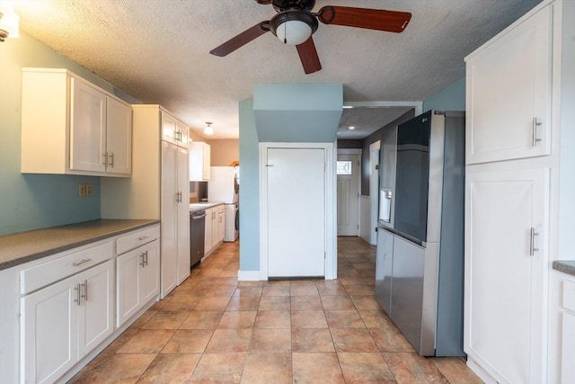 263 Jefferson Ave, Salem, MA 01970 - kitchen featuring dishwasher, ceiling fan, a textured ceiling, and white cabinetry