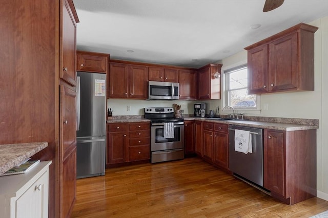 kitchen featuring wood finished floors, stainless steel appliances, and a sink