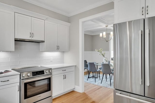 kitchen with appliances with stainless steel finishes, light wood-style floors, ornamental molding, white cabinetry, and under cabinet range hood