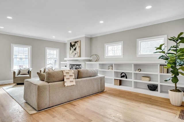 living room featuring a glass covered fireplace, a wealth of natural light, and wood finished floors