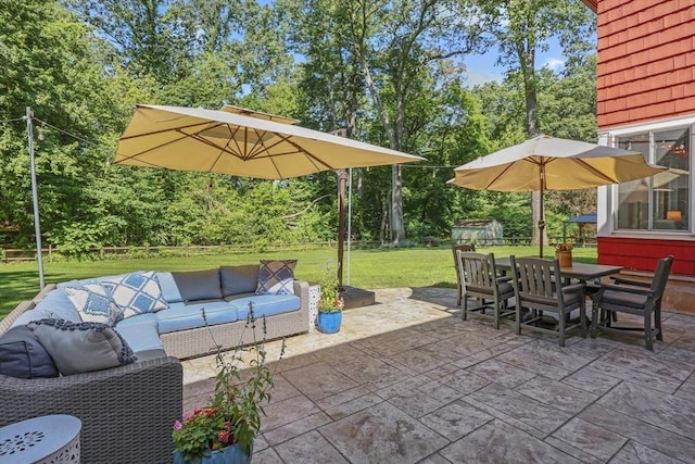 82 Knollwood Dr, Longmeadow, MA 01106 - view of patio / terrace with an outdoor hangout area, outdoor dining space, a shed, and view of scattered trees