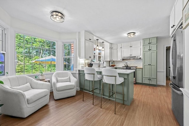 82 Knollwood Dr, Longmeadow, MA 01106 - kitchen featuring stainless steel appliances, under cabinet range hood, a peninsula, a kitchen breakfast bar, and open floor plan
