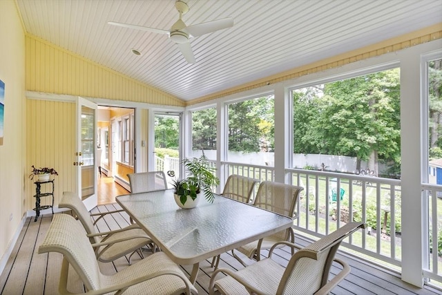 1 Emerson Dr, Acton, MA 01720 - sunroom / solarium featuring a ceiling fan, outdoor dining space, a baseboard radiator, and vaulted ceiling