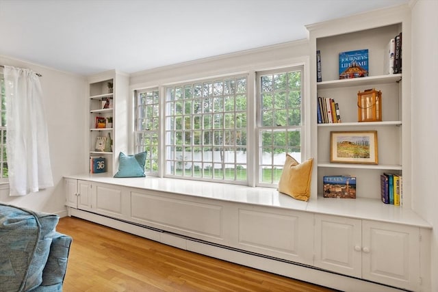 1 Emerson Dr, Acton, MA 01720 - living area featuring a baseboard heating unit, light wood-type flooring, and ornamental molding