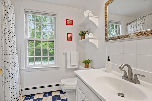 1 Emerson Dr, Acton, MA 01720 - bathroom with a baseboard heating unit, toilet, vanity, curtained shower, and tile patterned floors