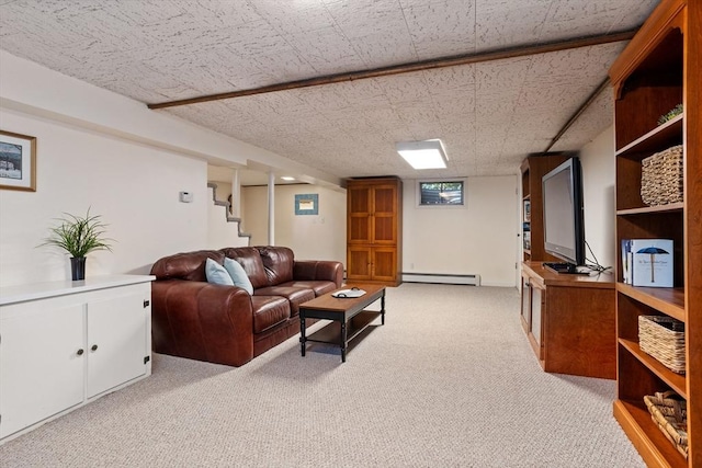 1 Emerson Dr, Acton, MA 01720 - living room featuring a baseboard heating unit, light colored carpet, and stairway