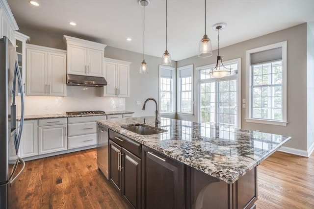 12 Skipping Stone, Plymouth, MA 02360 - kitchen featuring a sink, under cabinet range hood, appliances with stainless steel finishes, white cabinets, and wood finished floors