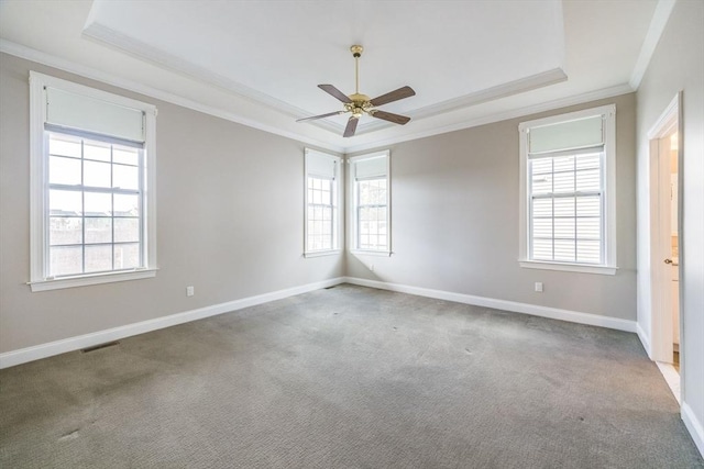 12 Skipping Stone, Plymouth, MA 02360 - carpeted empty room featuring a raised ceiling, ornamental molding, healthy amount of natural light, and a ceiling fan