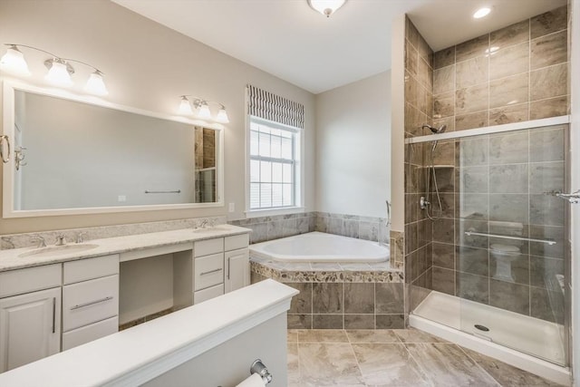 12 Skipping Stone, Plymouth, MA 02360 - bathroom featuring a stall shower, a bath, and double vanity