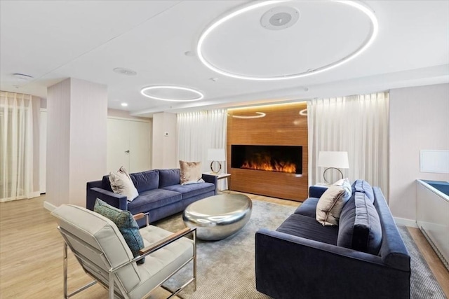 living room featuring wood finished floors and a fireplace