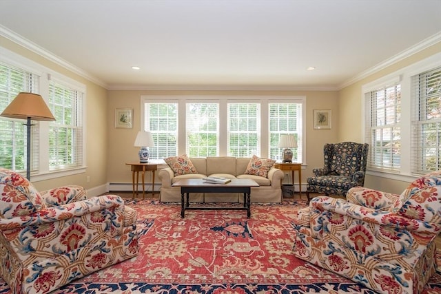 617 S St, Needham, MA 02492 - living area featuring a baseboard radiator, ornamental molding, baseboards, and recessed lighting