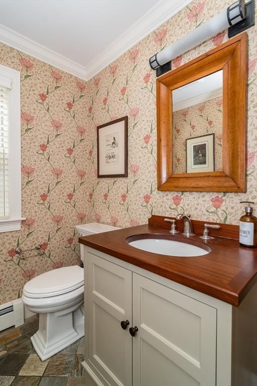 617 S St, Needham, MA 02492 - half bath with vanity, crown molding, toilet, and a baseboard radiator