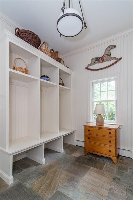 617 S St, Needham, MA 02492 - mudroom featuring ornamental molding, a baseboard radiator, stone finish floors, and baseboard heating