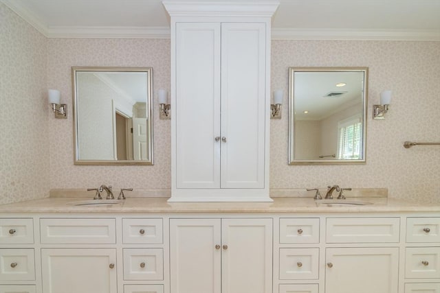 617 S St, Needham, MA 02492 - full bathroom featuring wallpapered walls, ornamental molding, and double vanity