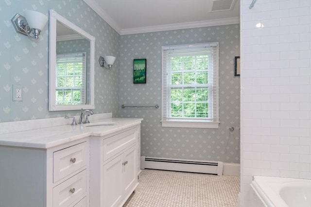 617 S St, Needham, MA 02492 - bathroom featuring a baseboard heating unit, ornamental molding, vanity, and tile patterned flooring