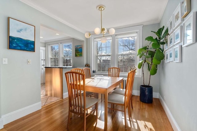 59 Babcock St Unit 5, Brookline, MA 02446 - dining room featuring light wood-style flooring, ornamental molding, baseboards, and a chandelier