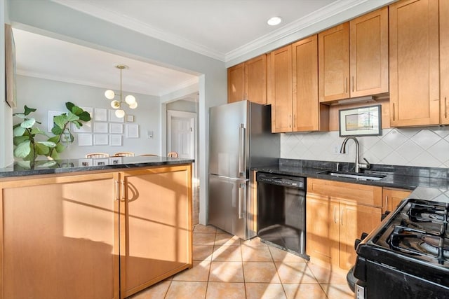 59 Babcock St Unit 5, Brookline, MA 02446 - kitchen featuring dishwasher, range with gas cooktop, a sink, freestanding refrigerator, and ornamental molding