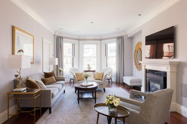 392 Marlborough St Unit 3, Boston, MA 02115 - living area with baseboards, dark wood finished floors, a glass covered fireplace, and crown molding