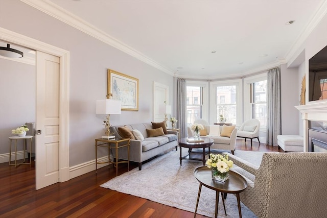 392 Marlborough St Unit 3, Boston, MA 02115 - living area featuring dark wood-style flooring, baseboards, ornamental molding, and a glass covered fireplace